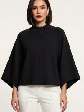 Brian Bailey Fine Wool Mulberry Silk Cropped Topper Sweater Jacket Black